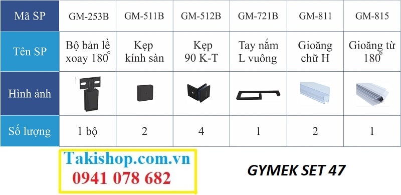 Bộ phụ kiện vách kính tắm Gymek 180 độ hệ bản lề mở xoay màu đen 2 Fix thẳng (Set 47)