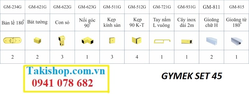 Bộ phụ kiện vách kính tắm Gymek 180 độ bản lề dài thanh giằng inox vuông 25x25 mạ PVD vàng set 45