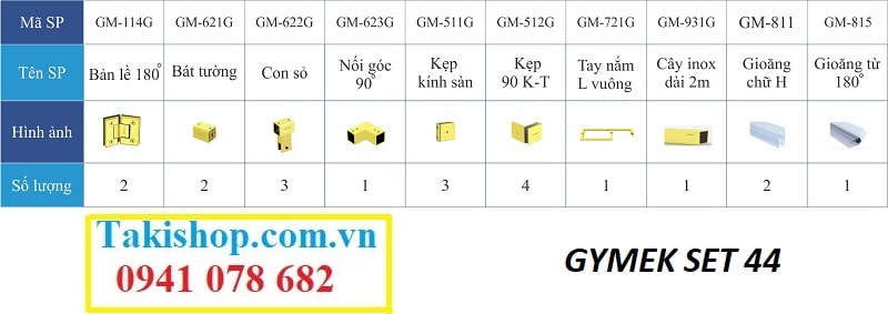 Bộ phụ kiện vách kính tắm Gymek 180 độ thanh giằng inox vuông 25x25 mạ PVD vàng set 44