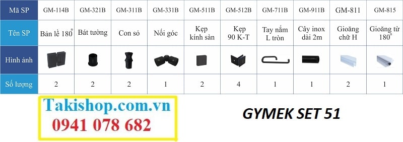 Bộ phụ kiện vách kính tắm Gymek 180 độ  thanh giằng inox tròn D22 mạ màu đen set 51