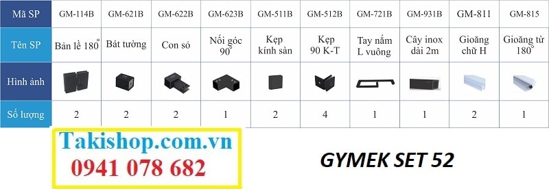 Bộ phụ kiện vách kính tắm Gymek 180 độ  thanh giằng inox vuông 25x25 mạ màu đen set 52