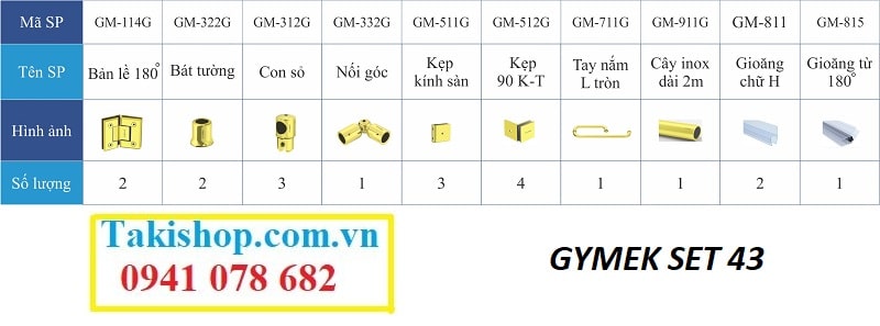 Bộ phụ kiện vách kính tắm Gymek 180 độ thanh giằng inox tròn D22 mạ PVD vàng set 43