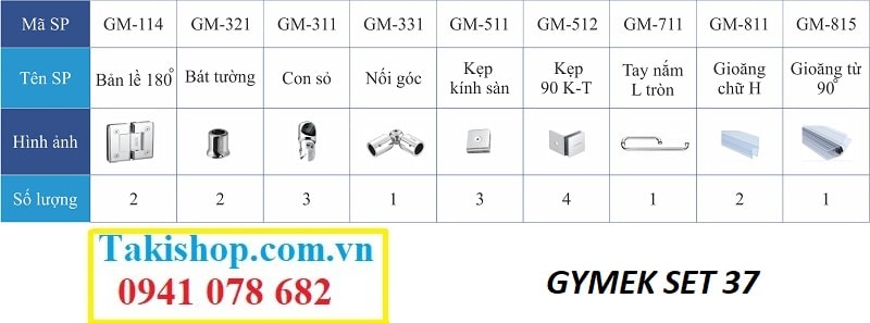 Bộ phụ kiện vách kính tắm Gymek 180 độ thanh giằng ống inox D25 màu trắng