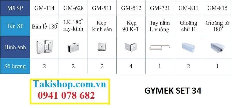 Bộ phụ kiện vách kính tắm Gymek 180 độ thanh giằng trực tiếp 2 Fix ống 10x30