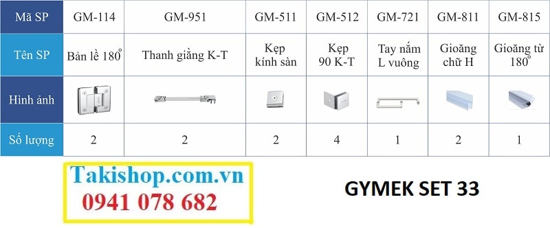 Bộ phụ kiện vách kính tắm Gymek 180 độ thanh giằng kính tường 15x15