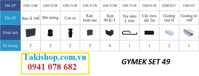 Bộ phụ kiện vách kính tắm Gymek 180 độ  thanh giằng inox tròn D22 mạ màu đen