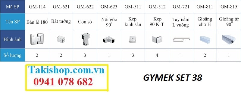 Bộ phụ kiện vách kính tắm Gymek 180 độ thanh giằng ống inox vuông 25x25 set 38