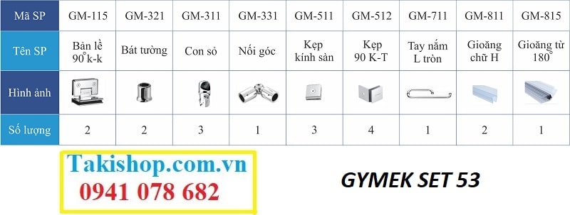 Bộ phụ kiện vách kính tắm Gymek 90 độ kính kính, giằng inox tròn D25 set 53