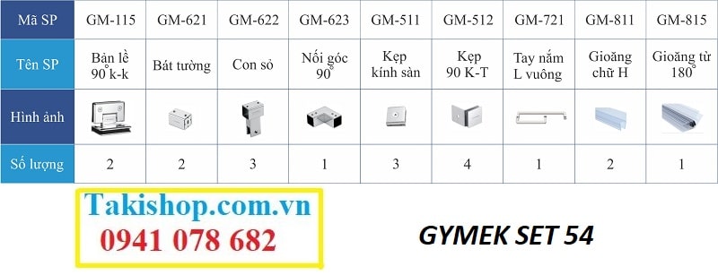 Bộ phụ kiện vách kính tắm Gymek 90 độ kính kính thanh giằng ống inox vuông 25x25 màu trắng