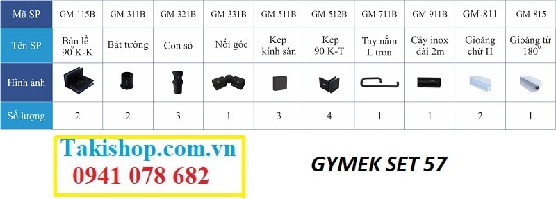 Bộ phụ kiện vách kính tắm Gymek 90 độ kính kính  thanh giằng inox tròn D22 mạ màu đen