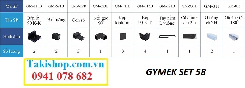 Bộ phụ kiện vách kính tắm Gymek 90 độ kính kính  thanh giằng inox vuông mạ màu đen