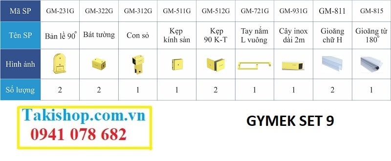 Chi tiết bộ phụ kiện Gymek 90 độ kính tường bản lề dài giằng inox vuông 25x25 mạ PVD vàng