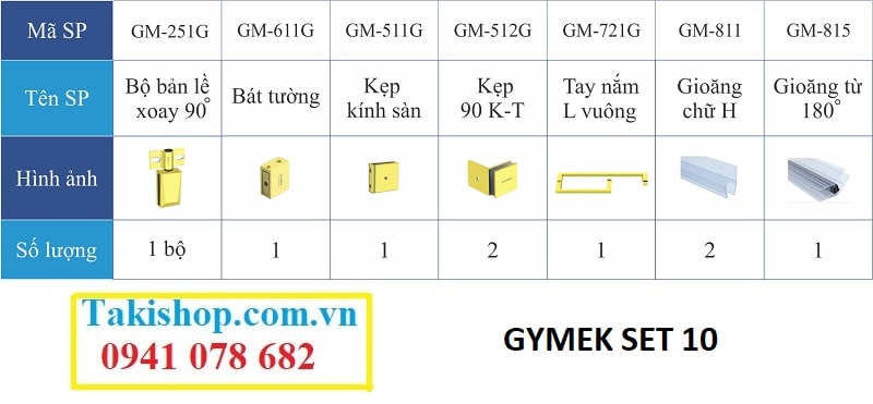 Chi tiết bộ phụ kiện Gymek 90 độ kính tường bản lề mở xoay mạ PVD vàng