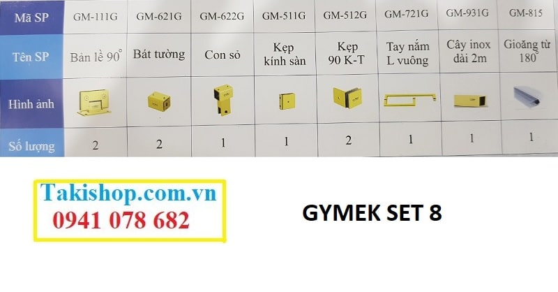 chi tiết bộ phụ kiện Gymek 90 độ kính tường giằng inox vuông 25x25 mạ PVD vàng