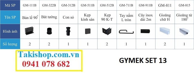 Bộ phụ kiện vách kính tắm Gymek 90 độ kính tường giằng inox tròn D22 mạ PVD vàng