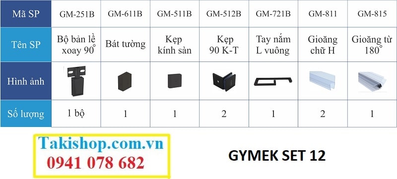 Bộ phụ kiện Gymek 90 độ kính tường bản lề mở xoay mạ màu đen