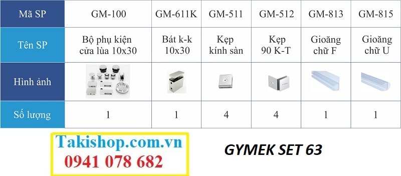 Bộ phụ kiện vách kính tắm cánh lùa Gymek ray trượt inox 10x30 (bộ 3 tấm)