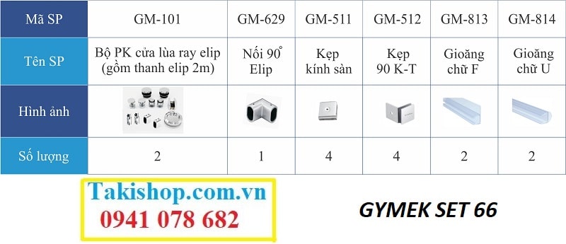 Bộ phụ kiện vách kính tắm 2 cánh lùa Gymek ray trượt elip inox 15x30 