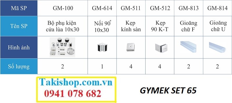 Bộ phụ kiện vách kính tắm cánh lùa Gymek 2 cánh trượt ray inox 10x30