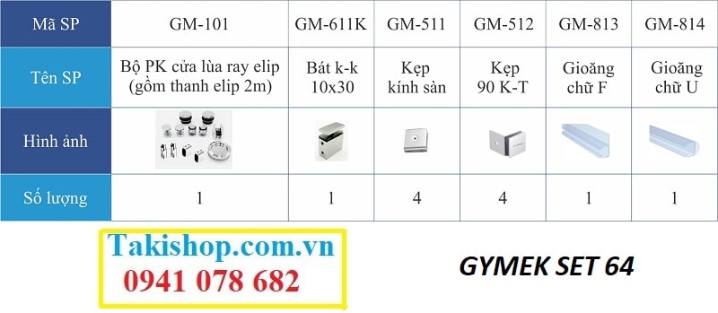 Bộ phụ kiện vách kính tắm cánh lùa Gymek ray trượt elip inox 15x30 (3 tấm)