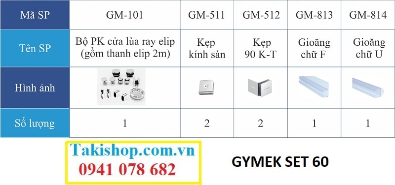 Bộ phụ kiện vách kính tắm cánh lùa Gymek ray trượt elip inox 15x30