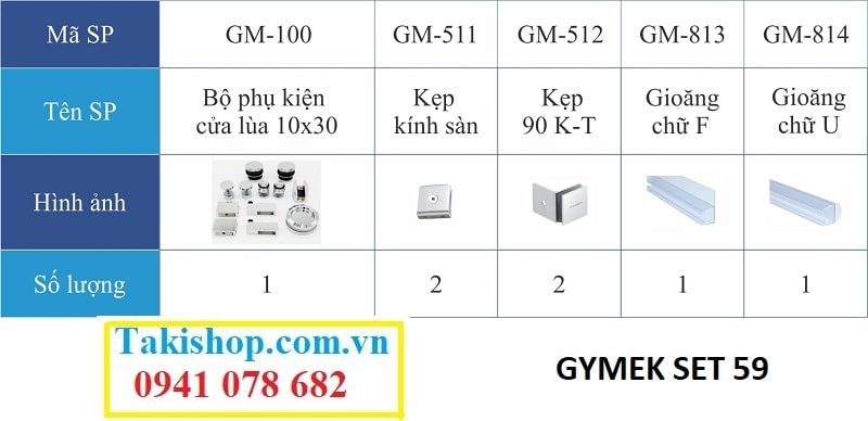 Bộ phụ kiện vách kính tắm cánh lùa Gymek ray trượt inox 10x30