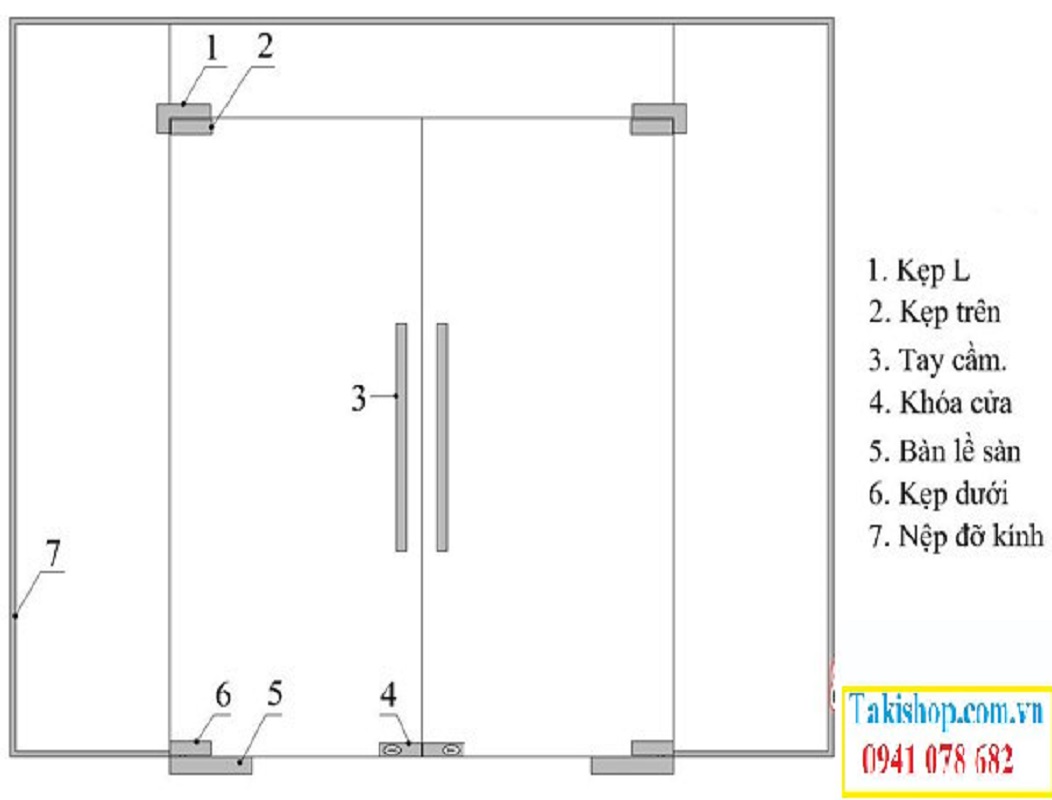 Sơ lược bản vẽ cửa đi mở quay 2 cánh bằng kính cường lực