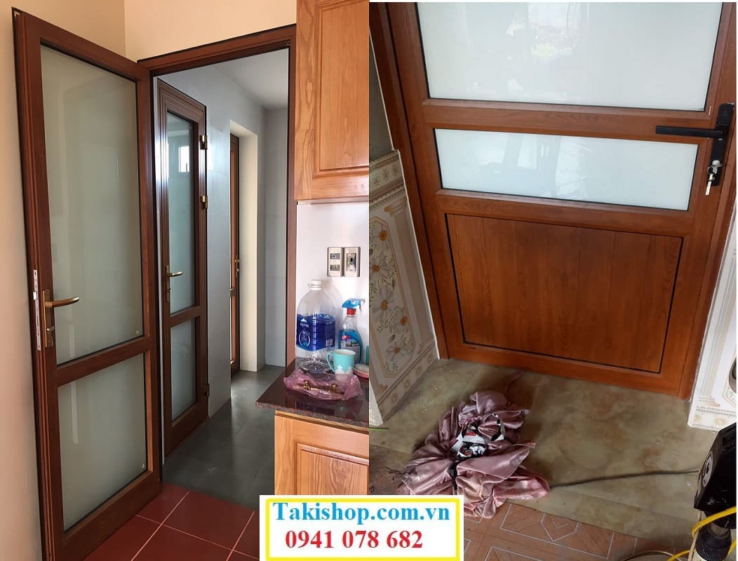 Thi công cửa đi mở quay 1 cánh bằng nhôm xingfa màu vân gỗ đẹp