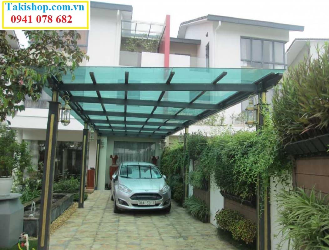 Thi công mái hiên bằng kính cường lực kết hợp với khung sắt