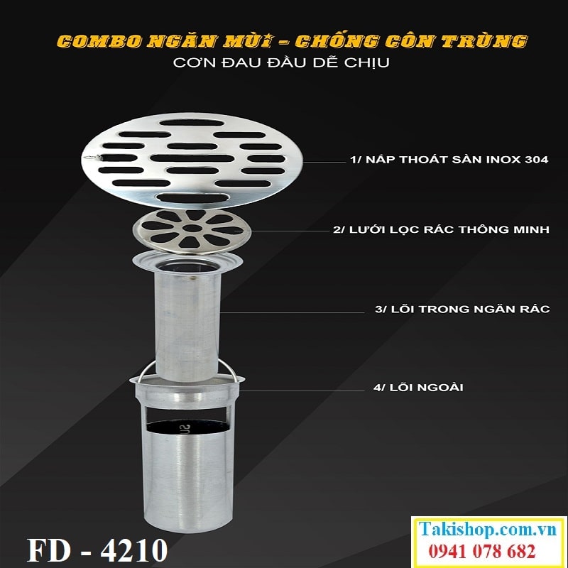 Thoát sàn ngăn mùi hôi inox 304 cao cấp Hiwin FD 4210