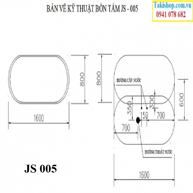 Thông số lắp đặt Bồn tắm không massage Govern JS 005