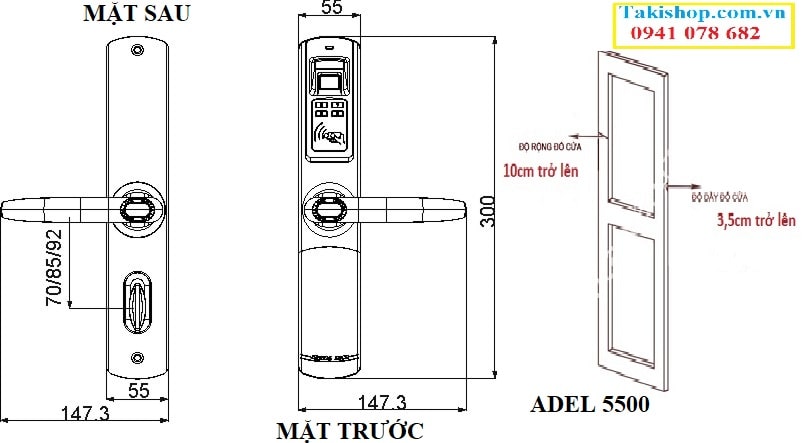 Thông số lắp đặt khóa cửa ADEL 5500