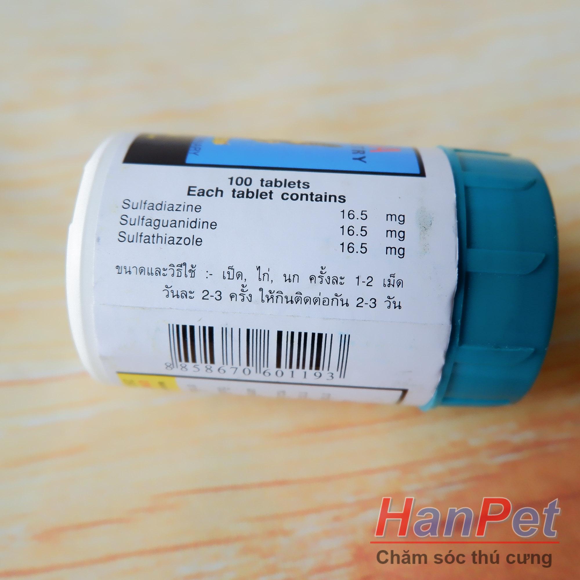 (Thuốc gà CHỌI) Trị đi ỉa gà chọi UNION SULPHA- phân xanh gà đá, bệnh phân trắng gà dạng lọ 100 viên MADEIN THAILAND (Hanpet sulpha gà)