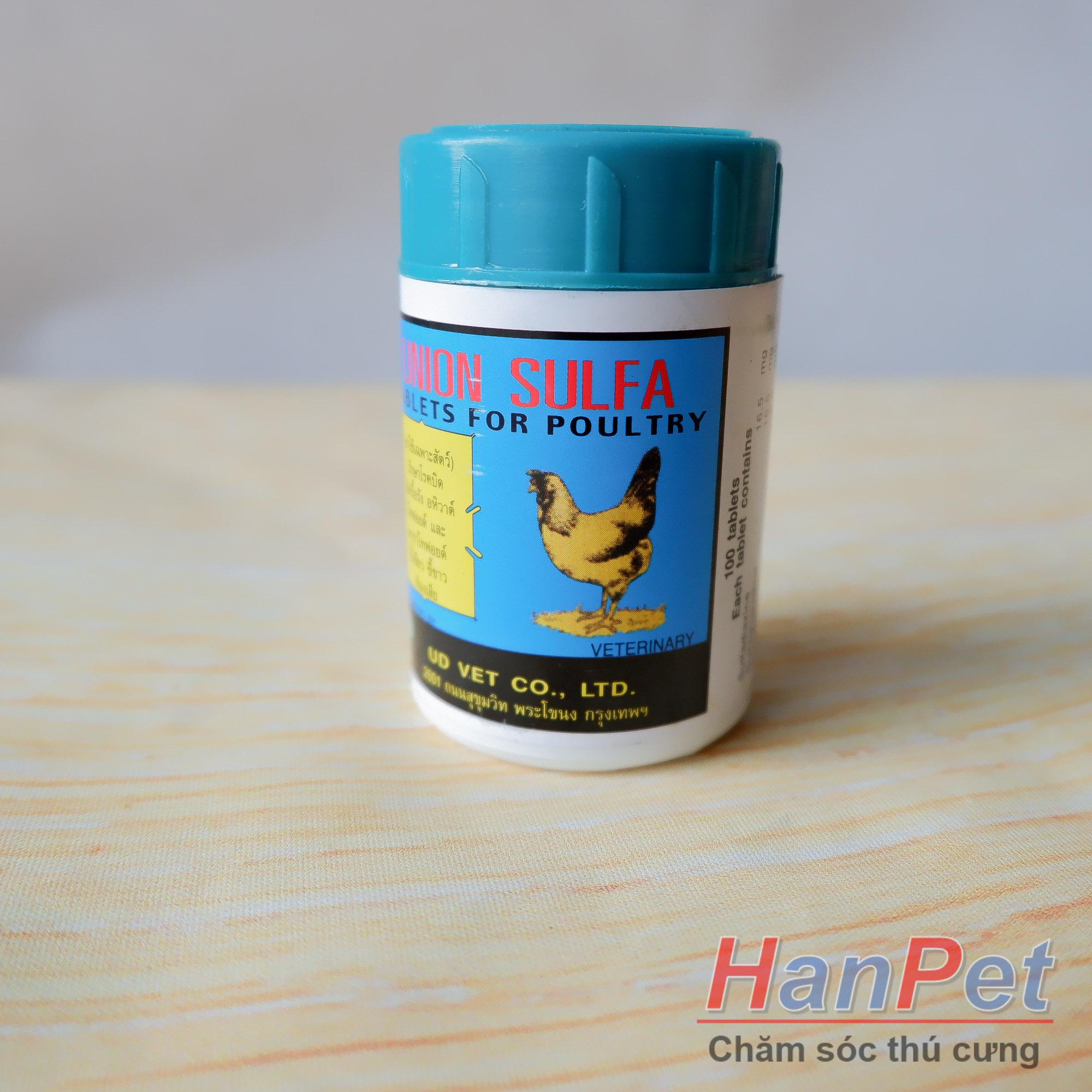 (Thuốc gà CHỌI) Trị đi ỉa gà chọi UNION SULPHA- phân xanh gà đá, bệnh phân trắng gà dạng lọ 100 viên MADEIN THAILAND (Hanpet sulpha gà)