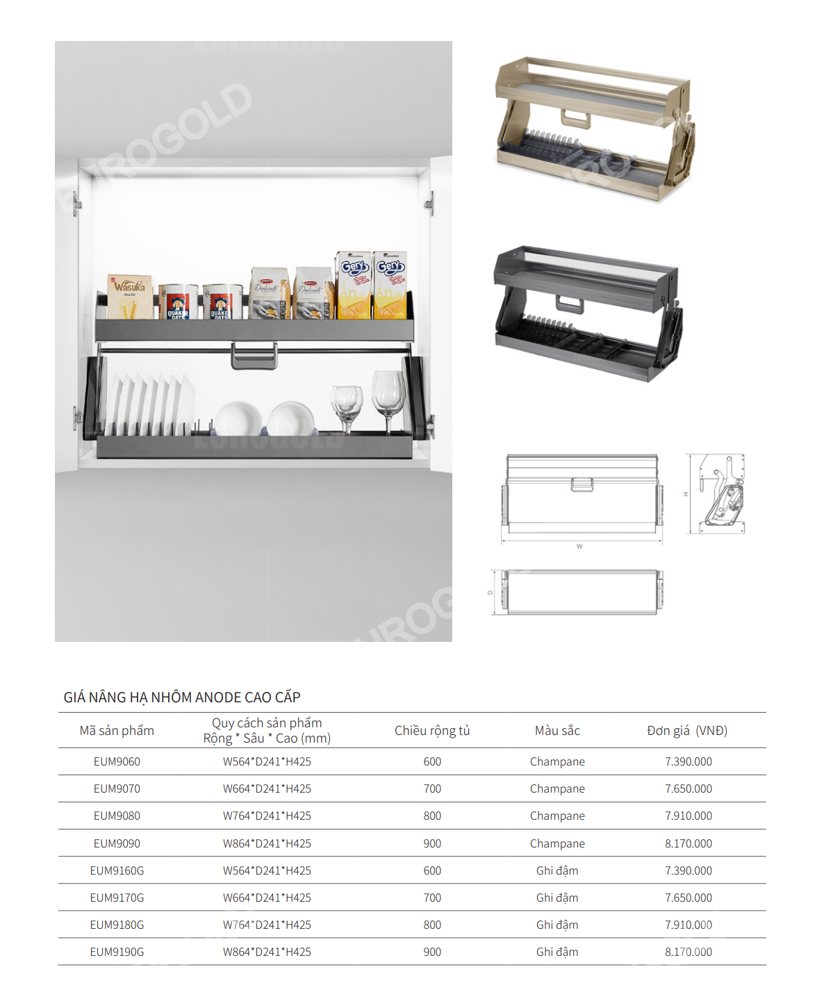 Giá nâng hạ nhôm Anode EUROGOLD EUM9060 | EUM9070 | EUM9080 | EUM9090
