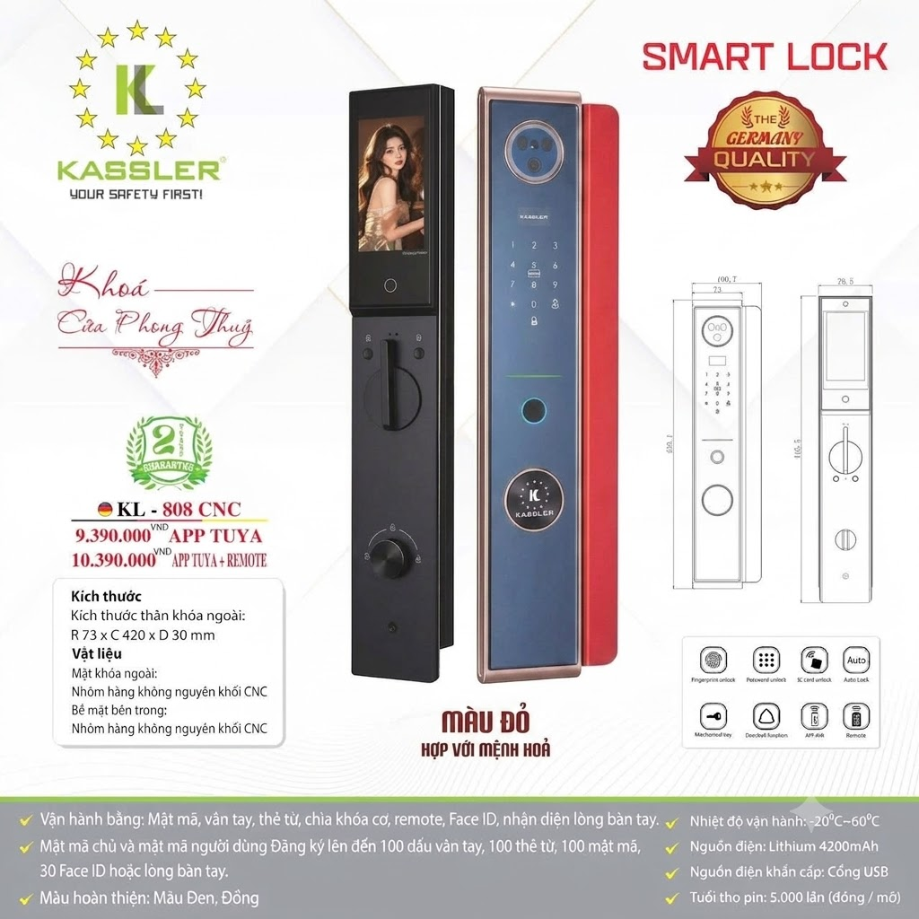 Khóa Điện Tử KASSLER KL-808 CNC RED APP Tuya