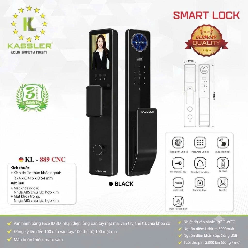 Khóa Điện Tử KASSLER KL-889 CNC BLACK APP Tuya
