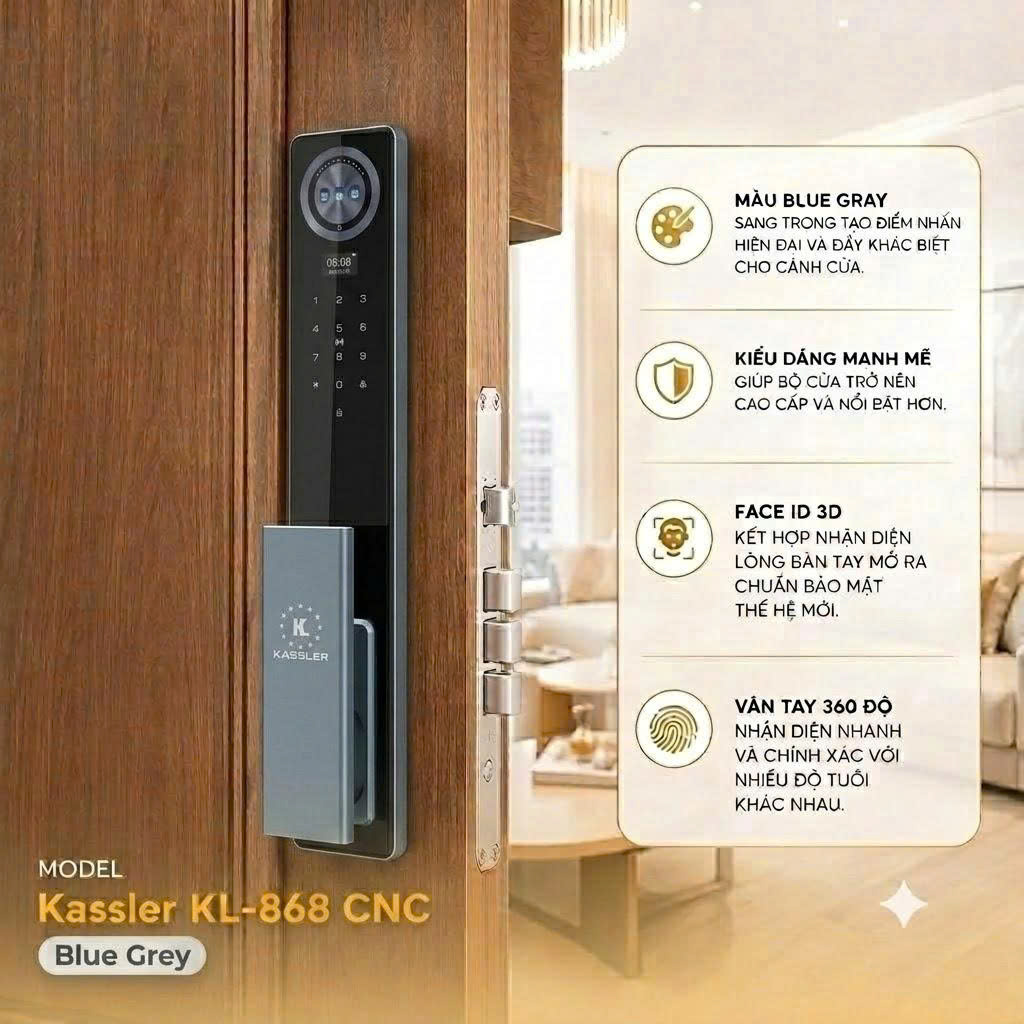 Khóa Điện Tử KASSLER KL-868 CNC BLUE GREY APP
