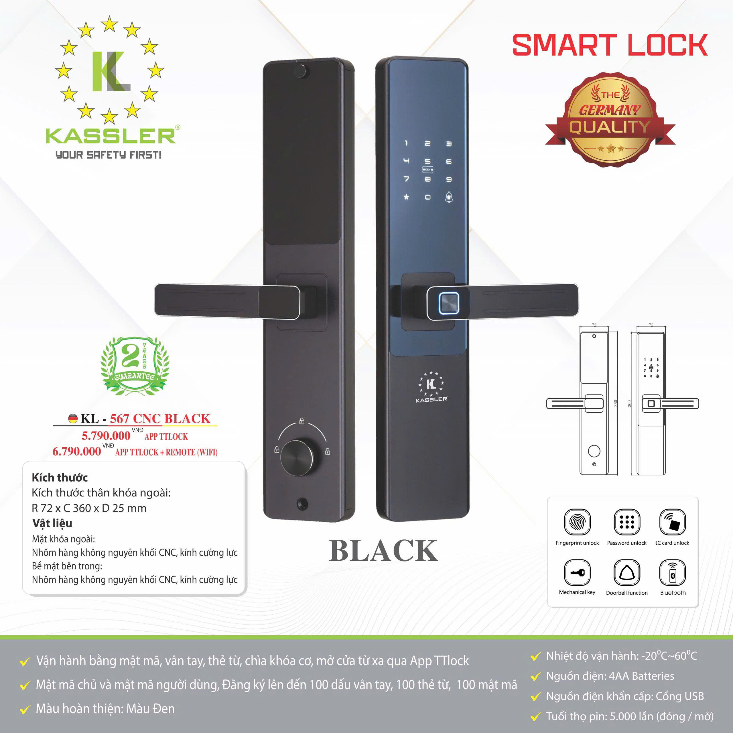 Khóa Điện Tử KASSLER KL-567 CNC BLACK APP TTlock