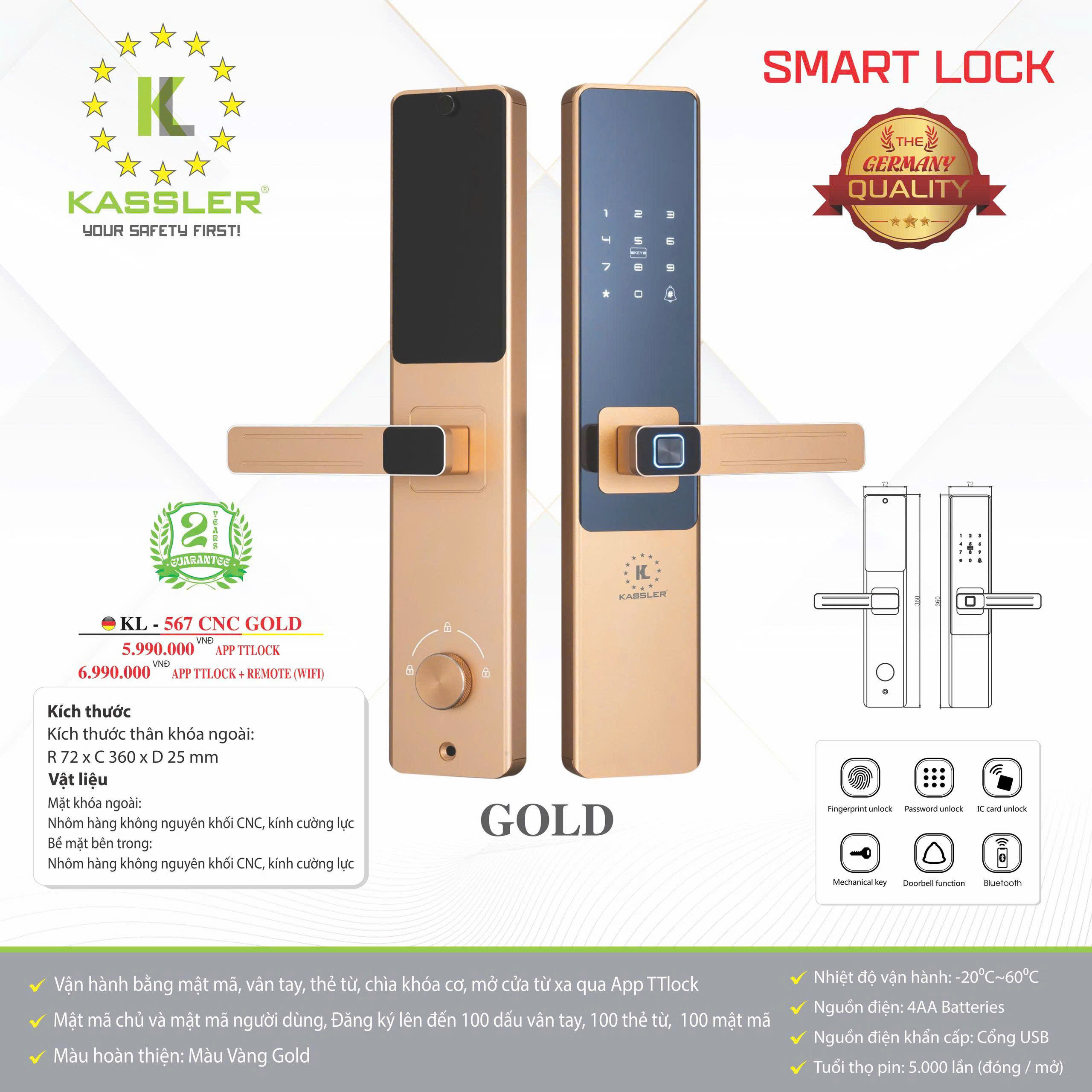 Khóa Điện Tử KASSLER KL-567 CNC GOLD APP TTlock