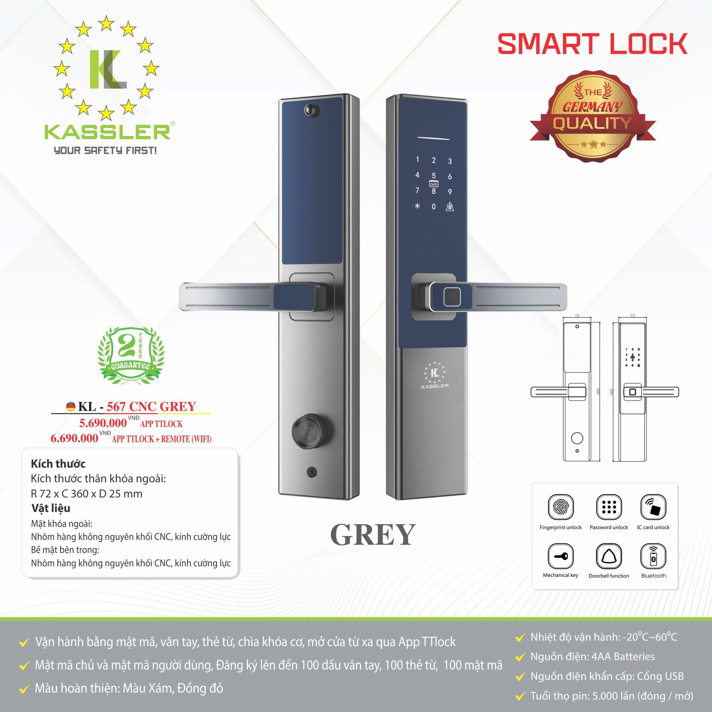 Khóa Điện Tử KASSLER KL-567 CNC GREY APP TTlock