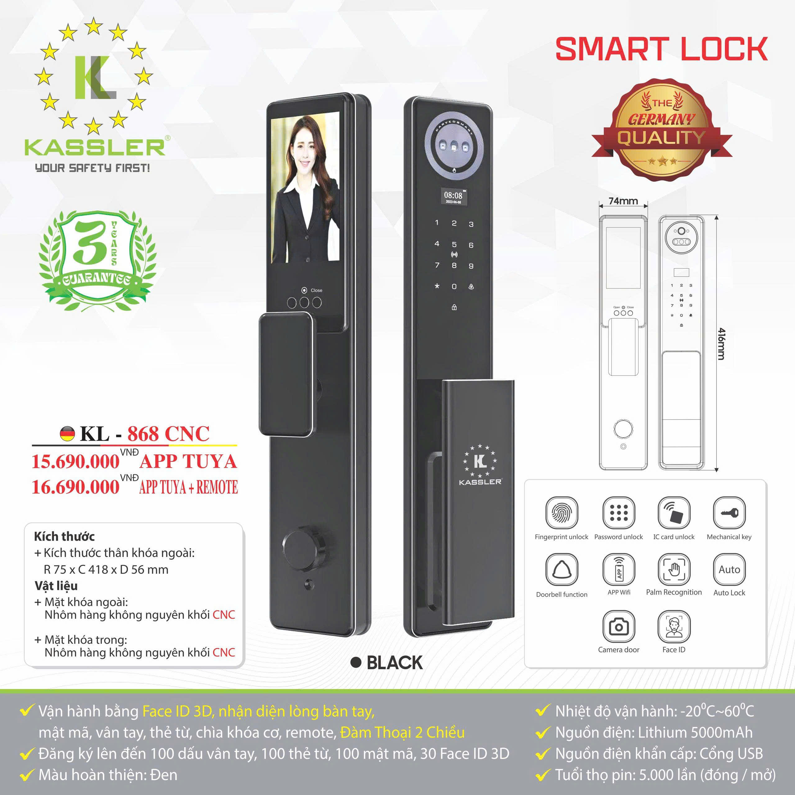 Khóa Điện Tử KASSLER KL-868 CNC BLACK APP Tuya