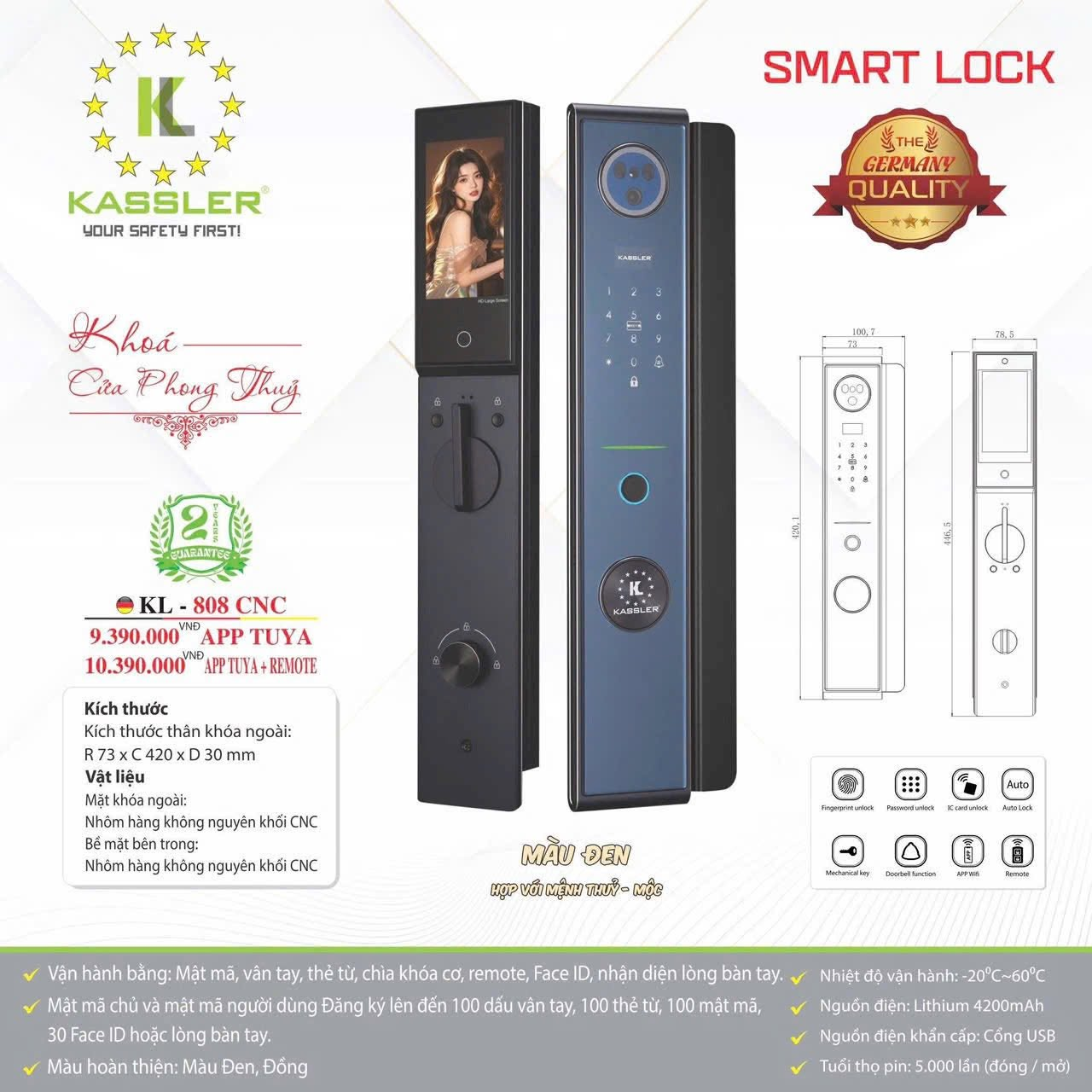 Khóa Điện Tử KASSLER KL-808 CNC BLACK APP Tuya