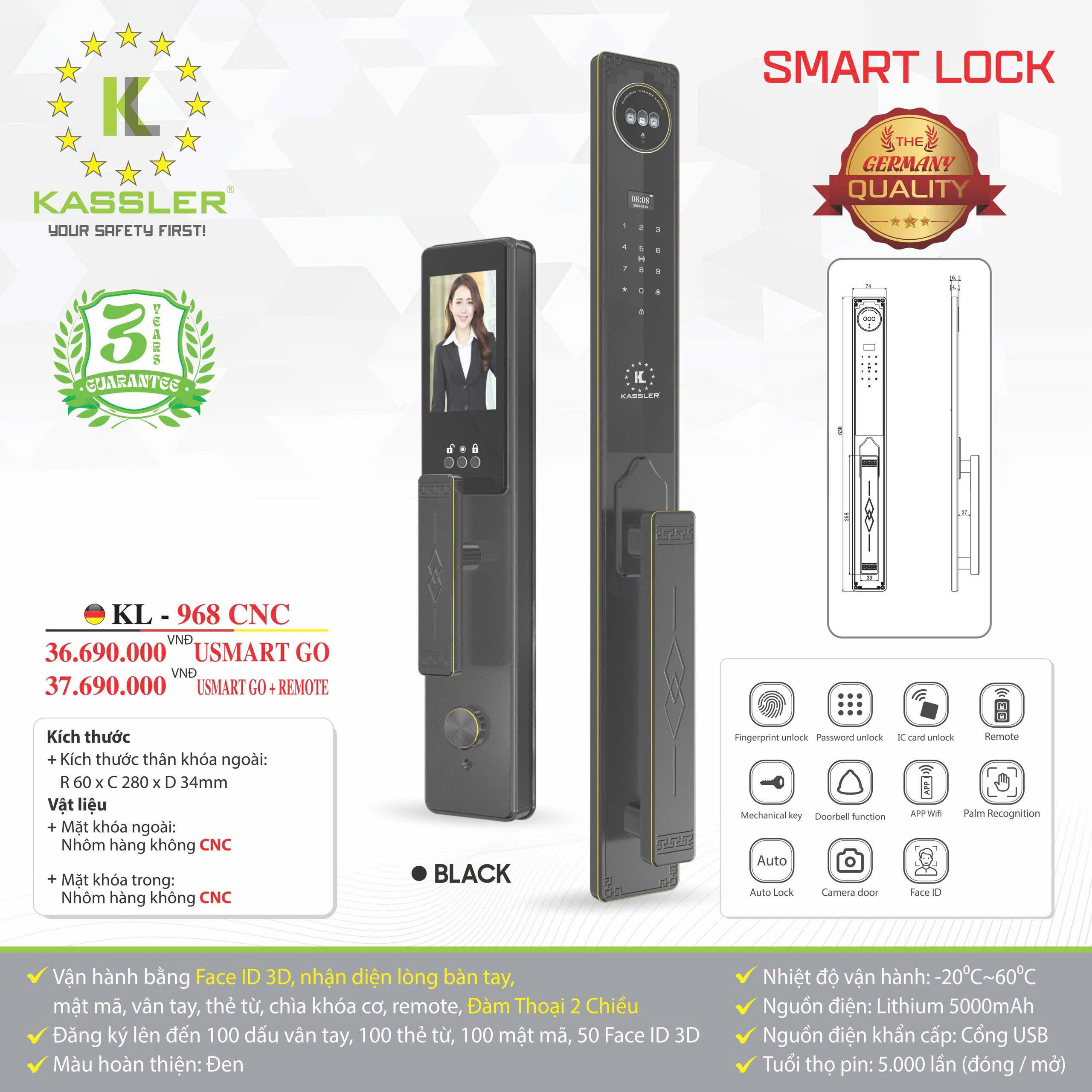 Khóa Cửa Điện Tử KASSLER KL-968 CNC BLACK Usmart go
