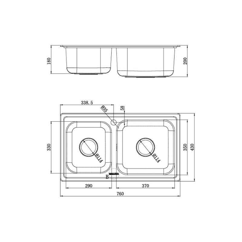 Chậu rửa đôi không cánh dự án Malloca MS 2076EP