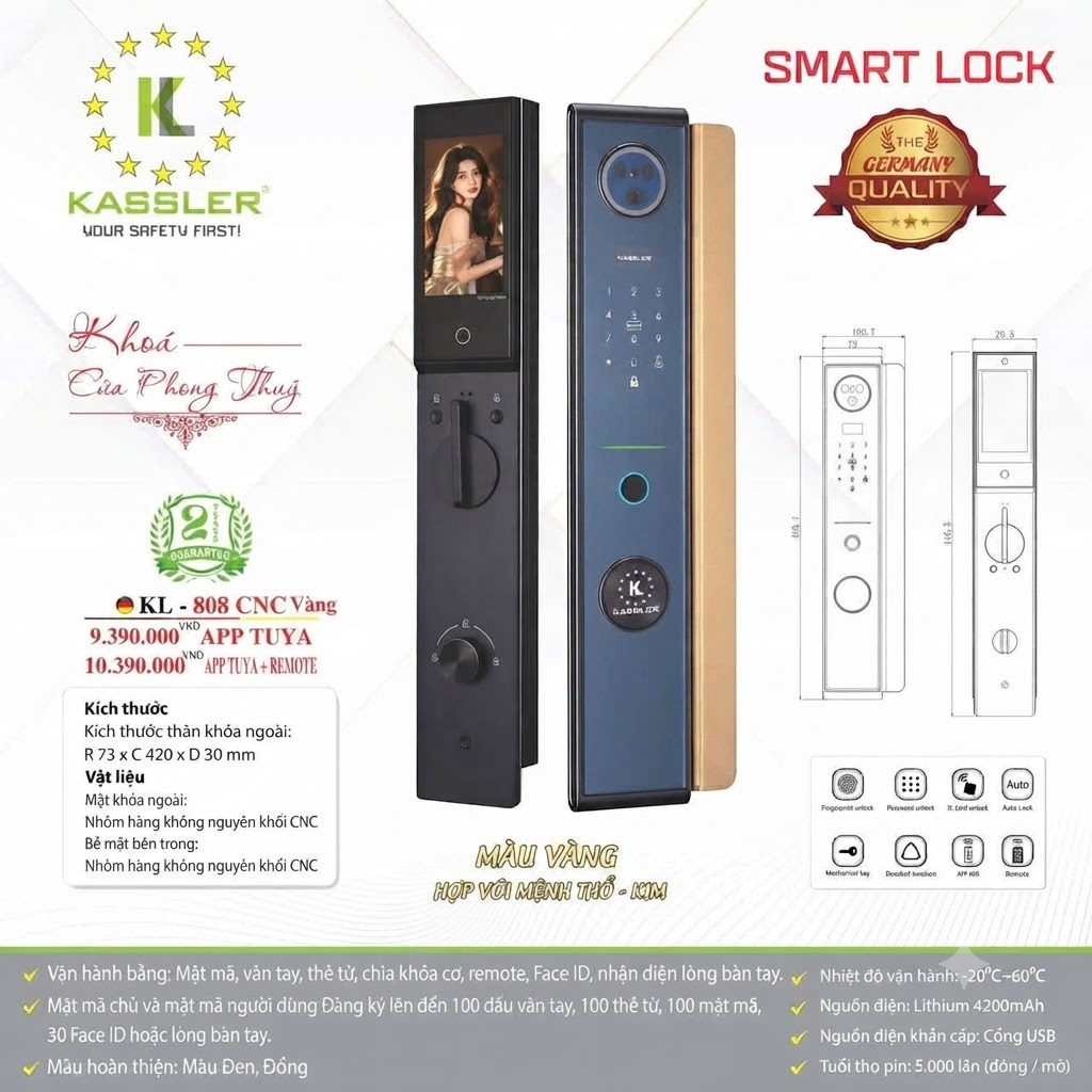 Khóa Điện Tử KASSLER KL-808 CNC GOLD APP Tuya