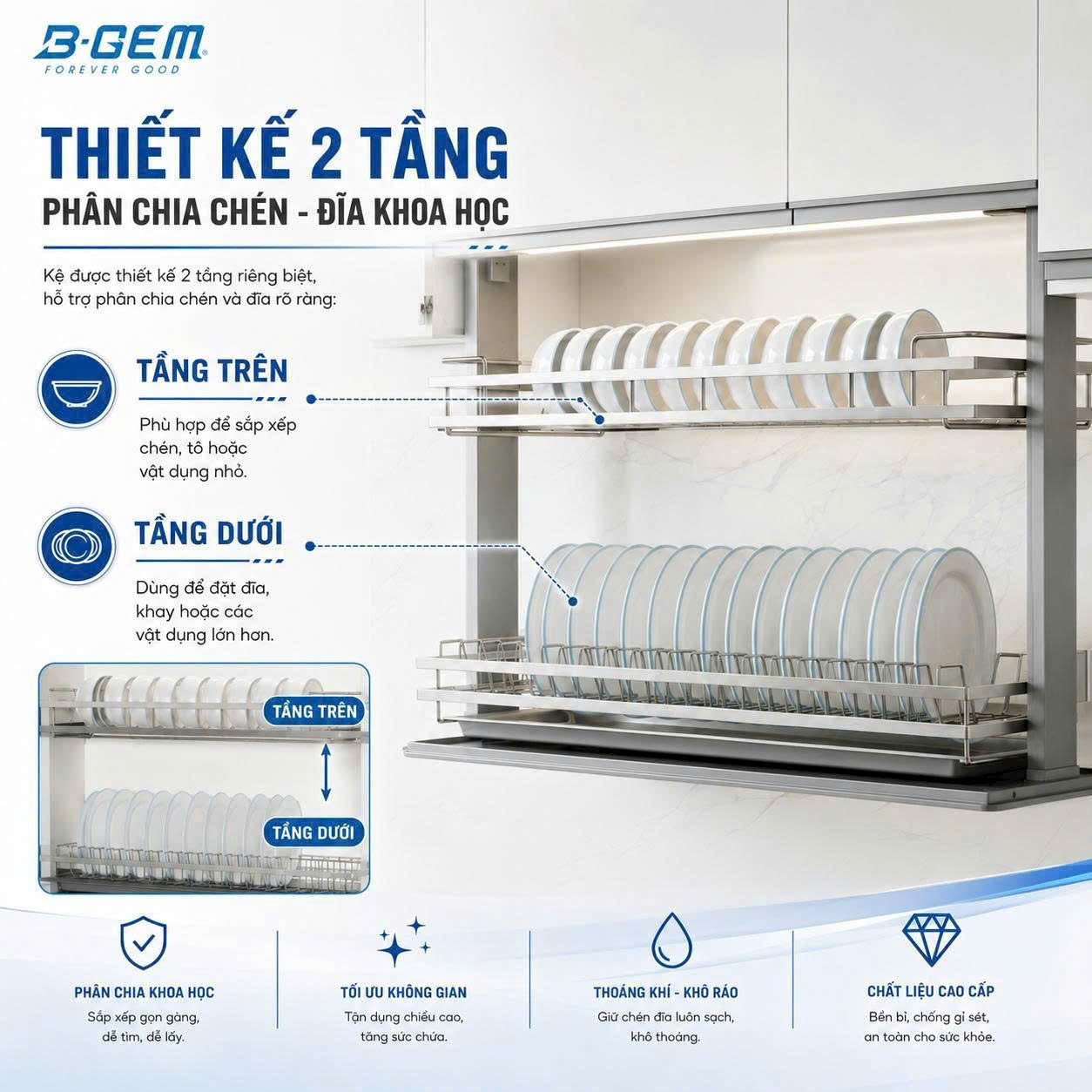 Kệ Bát Đĩa Nâng Hạ Điện B-Gem BG-KCVIP01.700 | KCVIP01.800 | KCVIP01.900