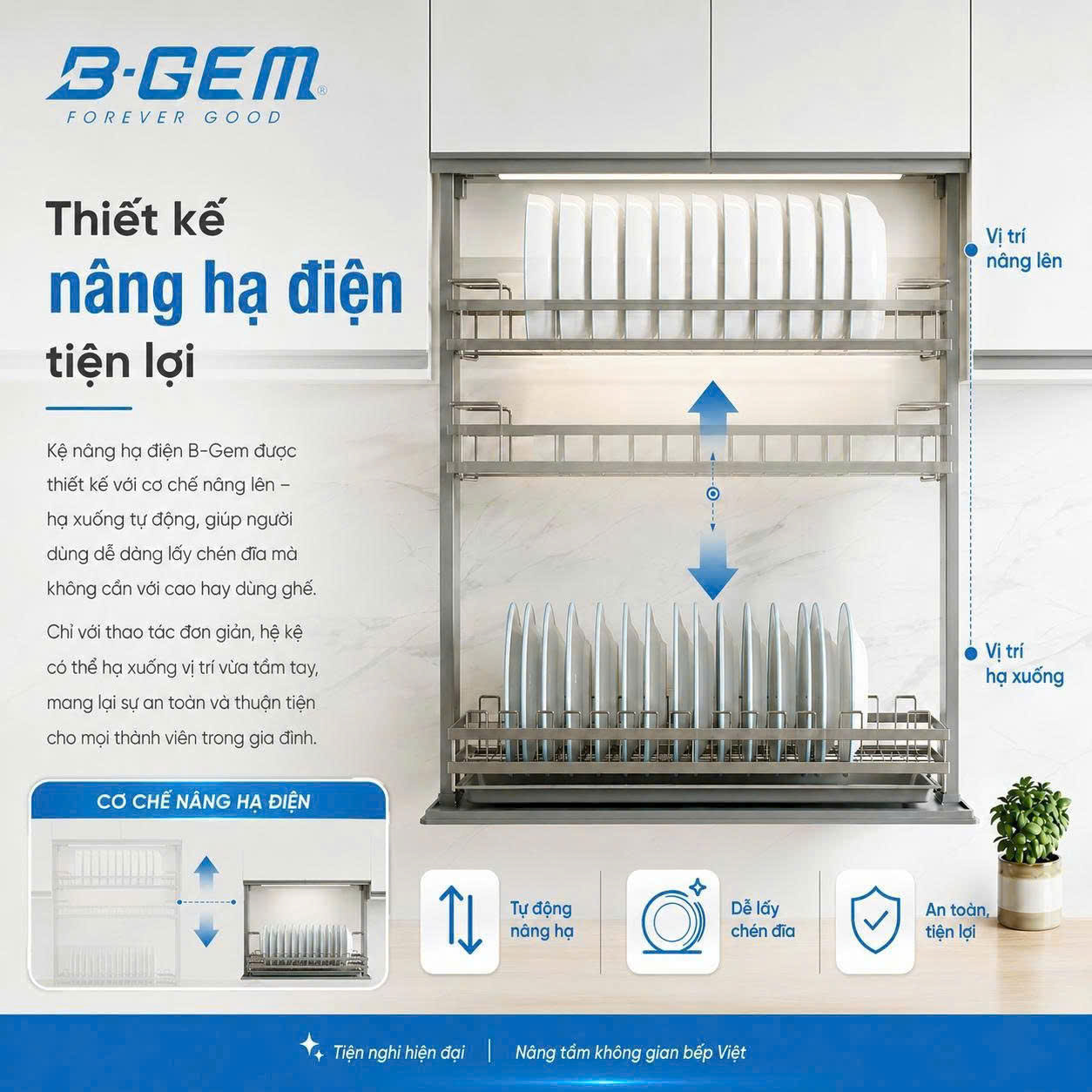 Kệ Bát Đĩa Nâng Hạ Điện B-Gem BG-KCVIP01.700 | KCVIP01.800 | KCVIP01.900