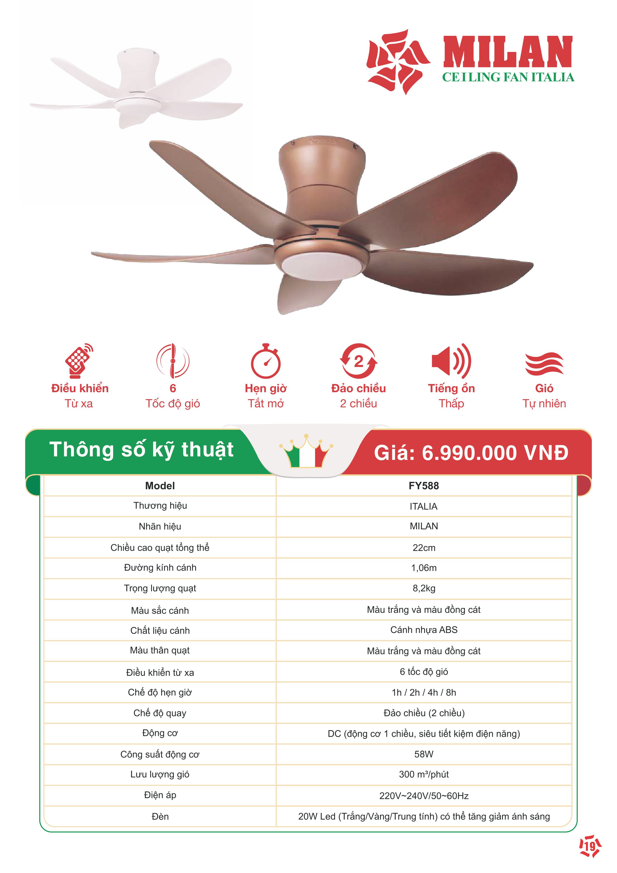 Quạt Trần FENGYE-MILAN FY588 Màu Trắng 1,06m