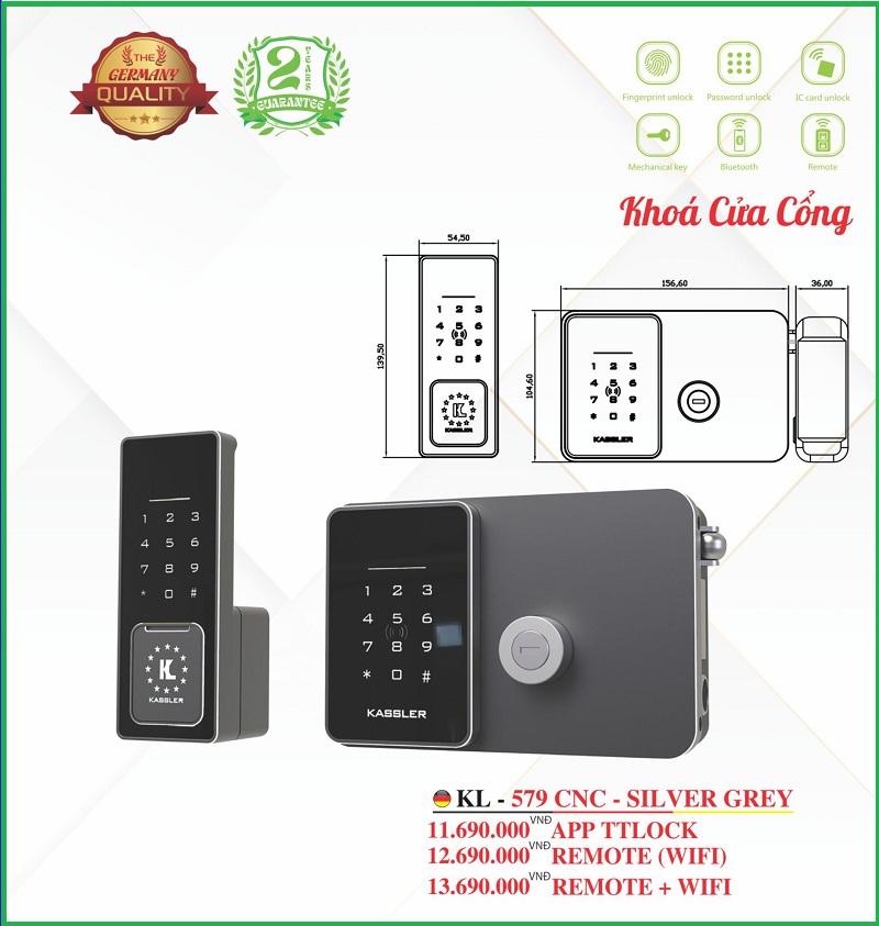 Khóa Điện Tử KASSLER KL-579 CNC SILVER GREY APP